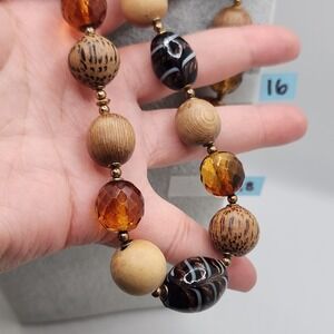Statement Joan Rivers Amber Faceted Glass Art Glass & Wood Bead Long Necklace